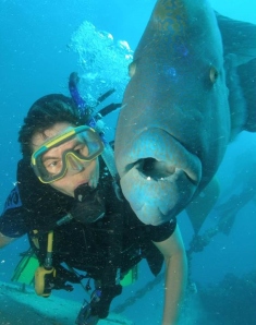 Kathy scuba diving with a grouper on the Great Barrier Reef. 